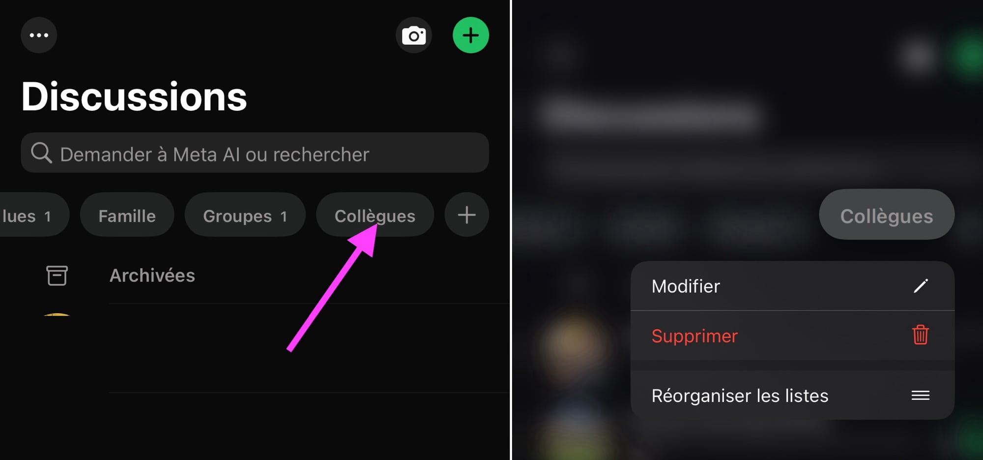 Liste appui long WhatsApp