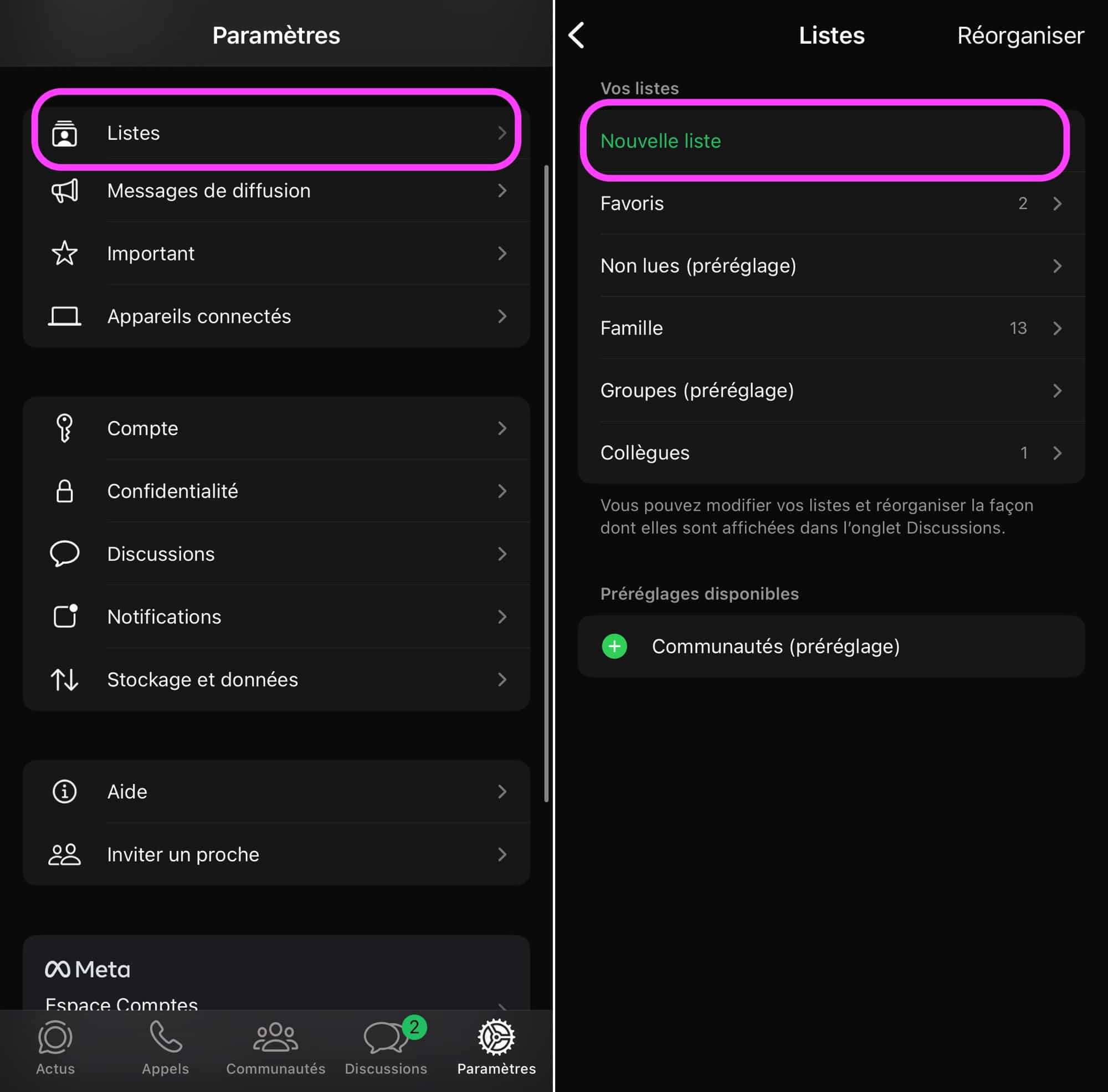 WhatsApp nouvelle liste réglage