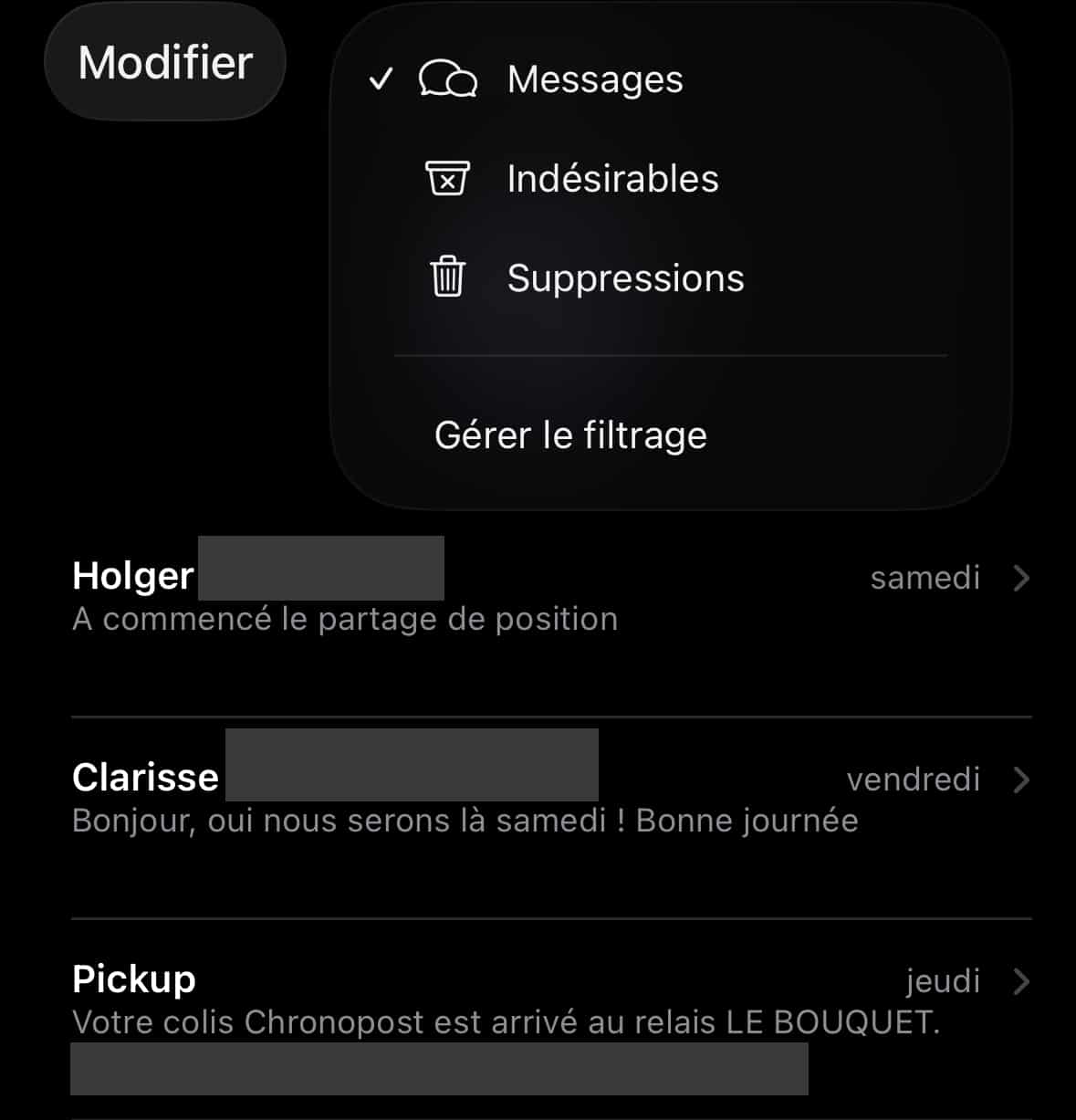 Filtre iOS 26 messages