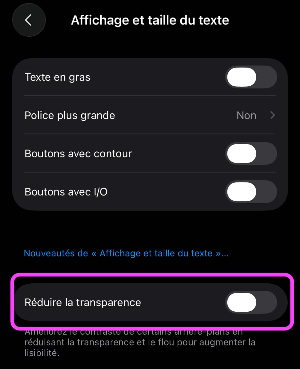 Réduire transparence iOS 26