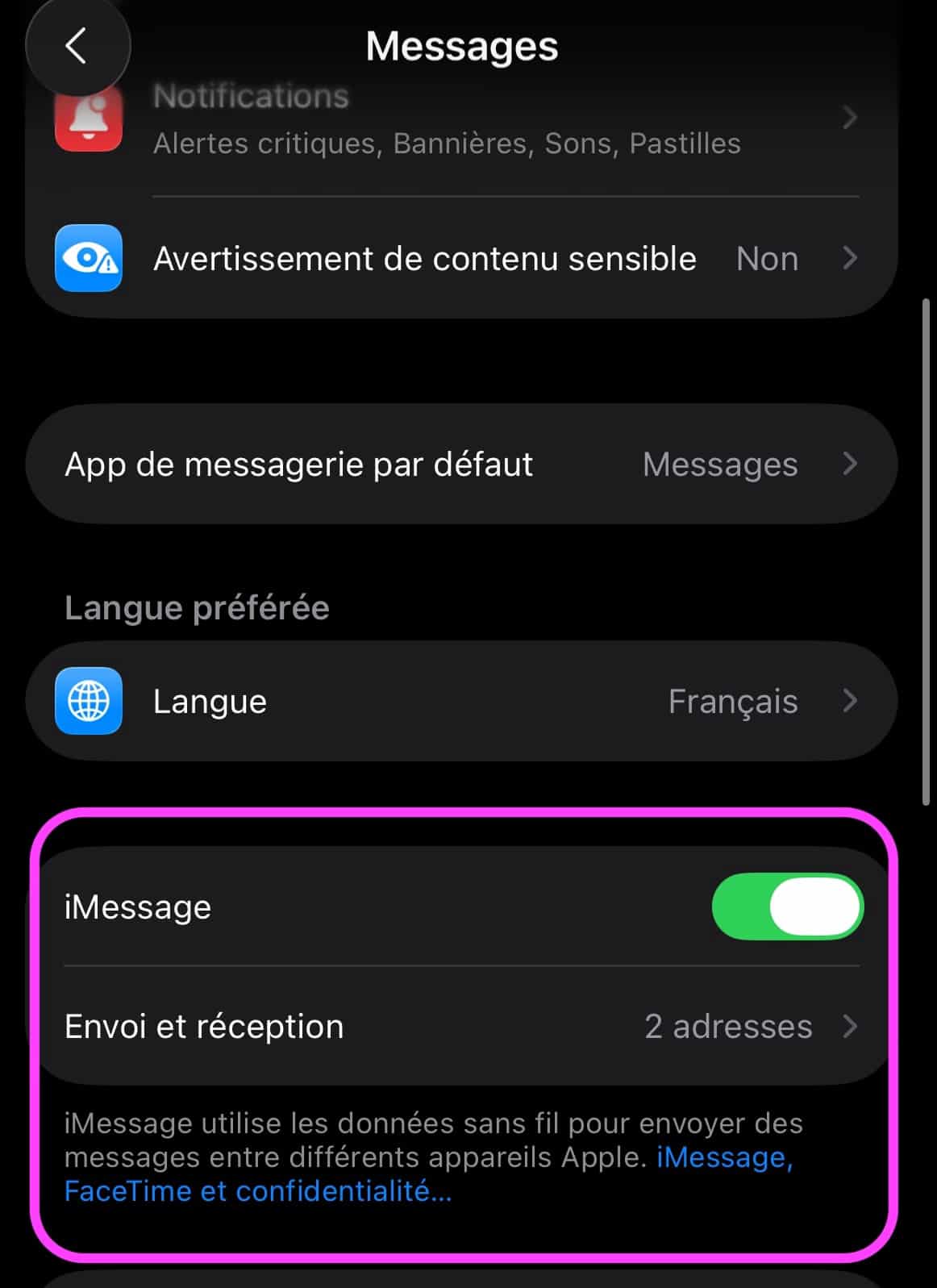 Activer iMessage