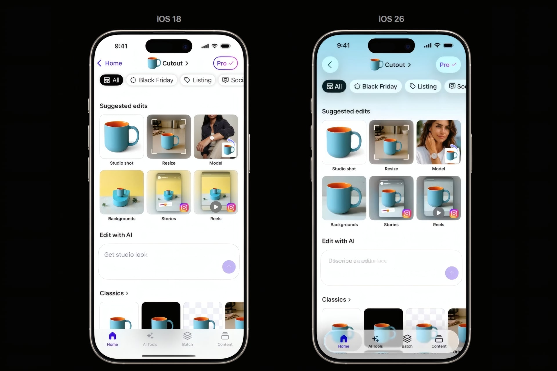 Liquid glass photoroom iOS 18 vs 26