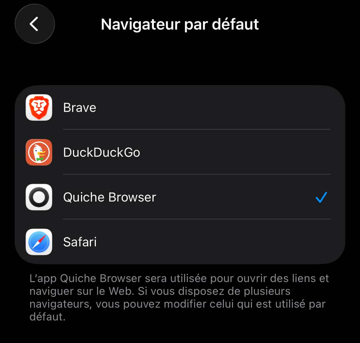 Navigateur par défaut Quiche Browser