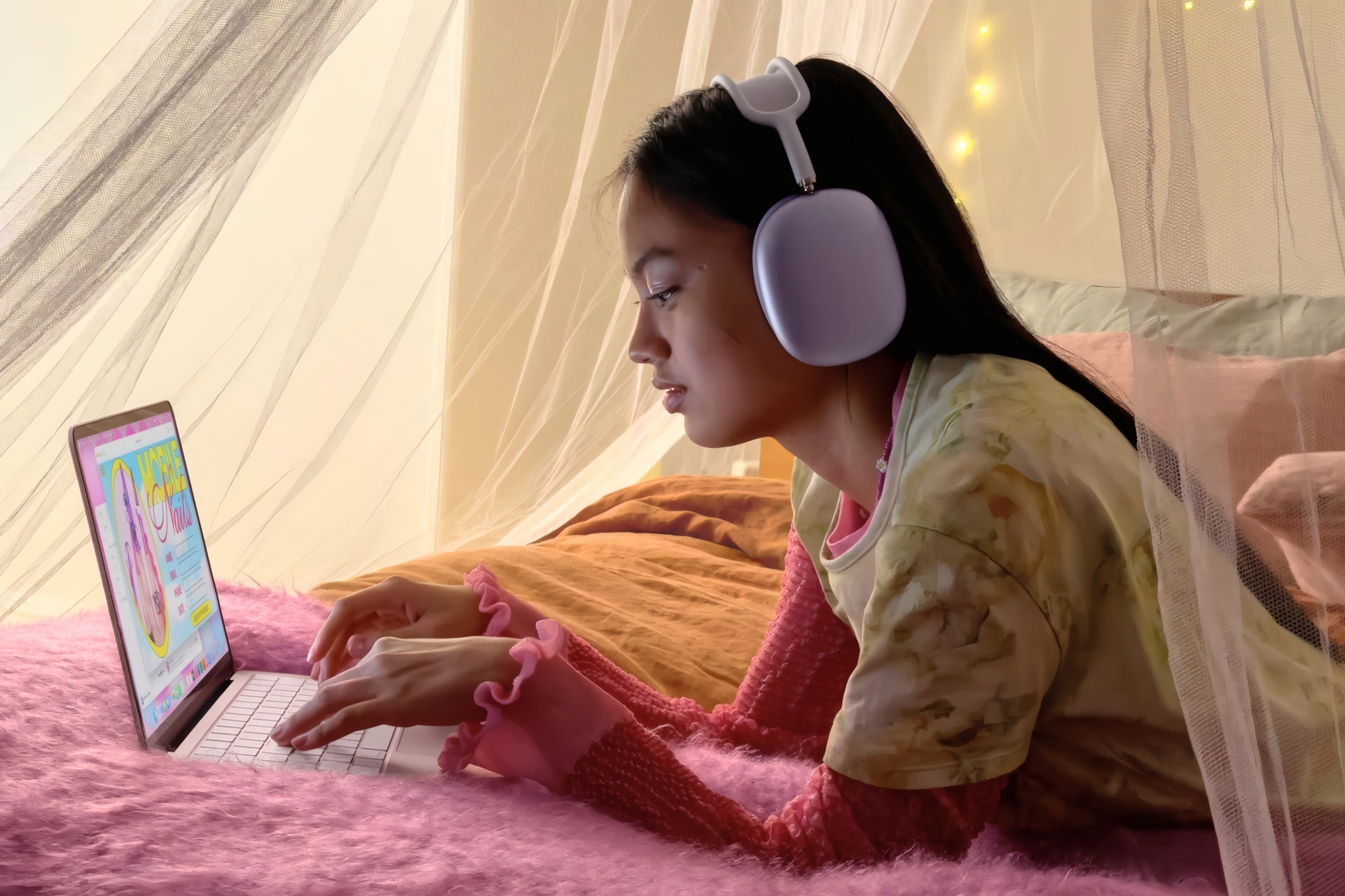Macbook neo fille étudiante AirPods max