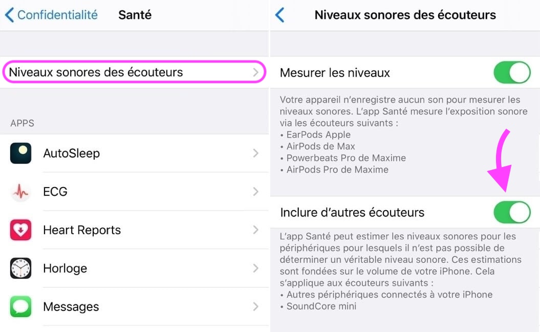 Réglages suivi santé audition