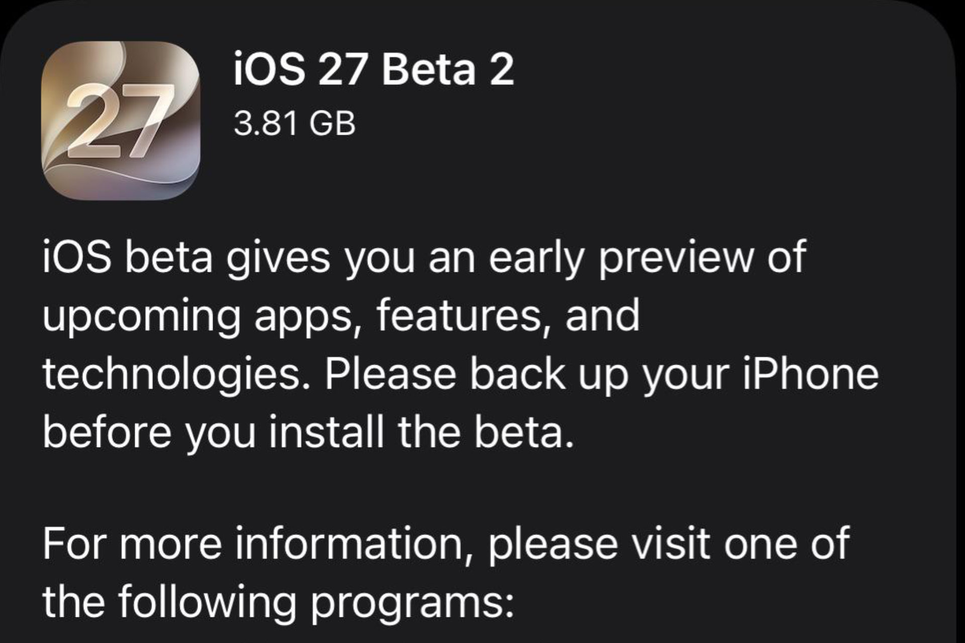 Apple beta iOS 27 2