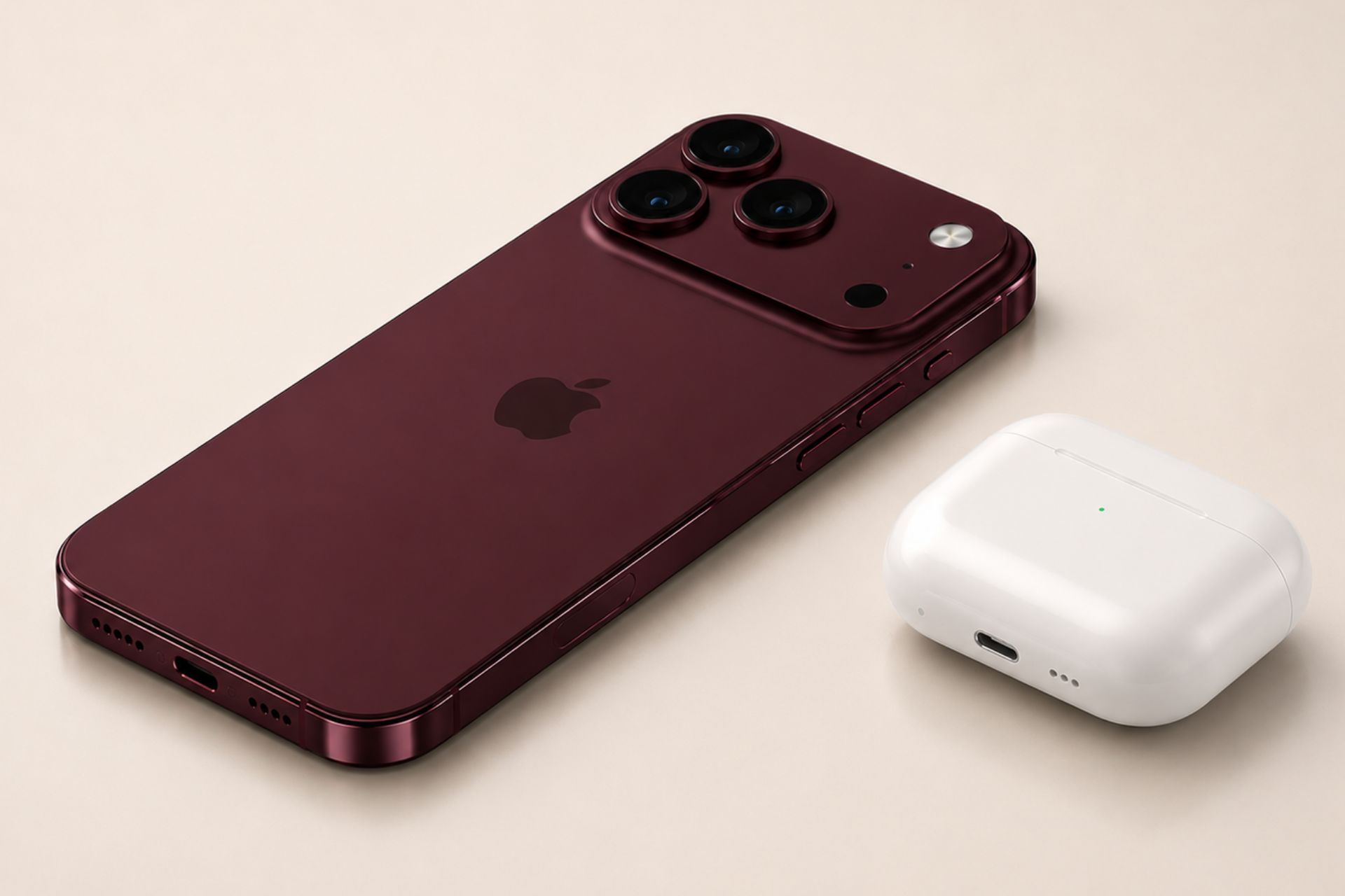 iPhone 18 Pro bordeaux AirPods concept